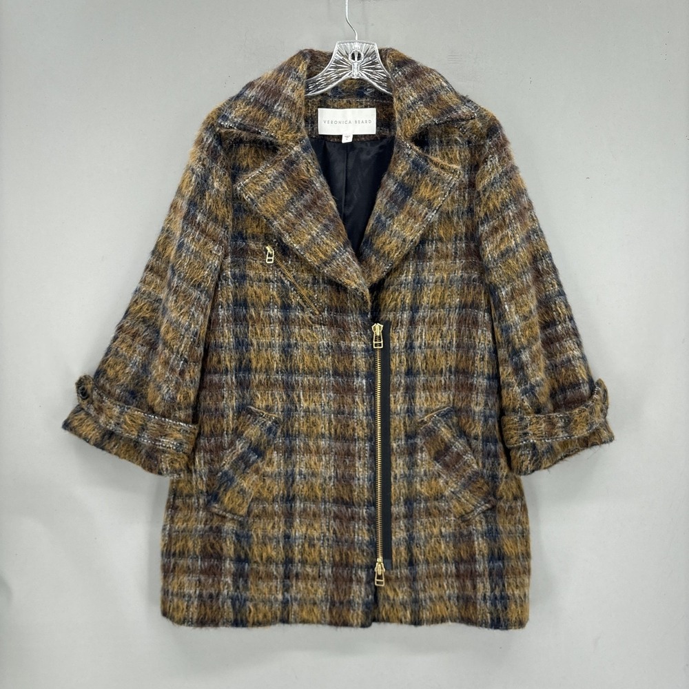 Veronica Beard Plaid Moto Coat 6 Wool Alpaca Mohair Blend Textured Zip Jacket